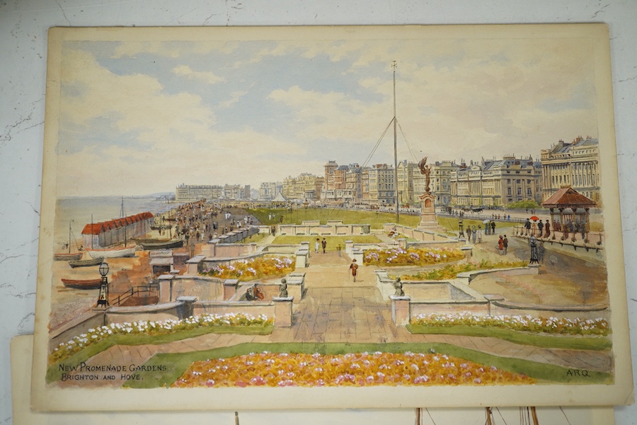 Alfred Robert Quinton (1853-1934), three original watercolours for postcard designs, to include 'Miniature golf course, Kings Road, Brighton’ and ‘New Promenade Gardens, Brighton and Hove’, each signed, 19 x 30cm, unfram